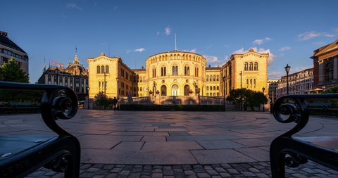 Oslo, Norway - June 14 2021: Time Lapse of Norwegian Parliament Stortinget in Oslo built in 1814