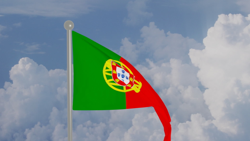 close up of Portugal national flag weaving on flag pole over could and sky background. 3d rendering.