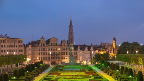 Brussels Belgium time lapse 4K, city skyline day to night timelapse at Mont des Arts Garden