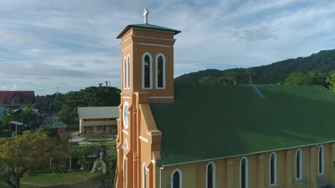 Seychelles, La Digue Island-01.05.2021 Drone video of a Catholic church close-up on the island of La Digue, Seychelles.
