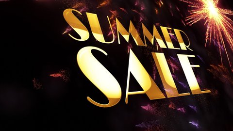 SUMMER SALE gold text with fireworks particles motion graphic effect on black background. 4K 3D seamless loop calligraphy gold text word and colorful spark fireworks for advertising, sale promotion.