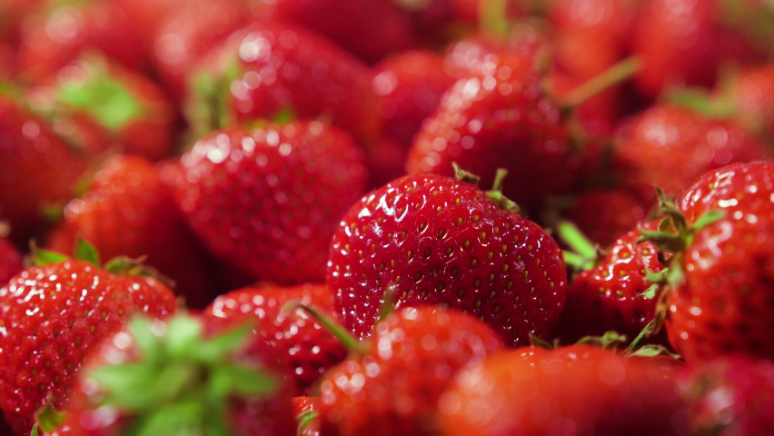 Strawberries, Red Juicy Ripe Strawberries, Close-up, Delicious Summer Berries. Background of Fresh Harvest Strawberries. Concept Of Healthy Natural Vegan Food | Shutterstock HD Video #1074596708