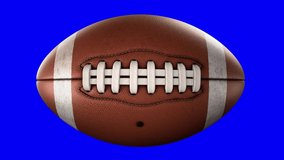 American football ball rotating in motion on blue screen with alpha-channel. Looped American football 3d Animation. 3d. 4K