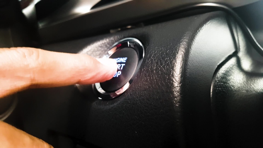Start the car with your finger press the button in the eco car,
black start button, blue letters.