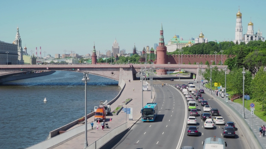 Moscow, Russia - June 5, 2021: View of the Kremlin and the embankment of the Moskva River from Zaryadye Park
