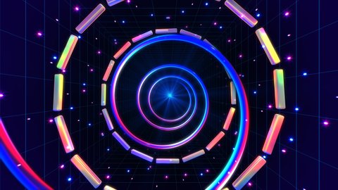 Abstract Colorful 3D Spiral visualization. circle particle with purple grid  tunnel background. Digital Art. Computer animation. Modern background. motion design. Loopable. LED. 4K