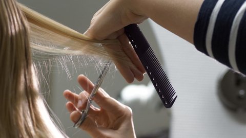 Close-up of hairdresser cutting blonde woman’s hair and holding comb