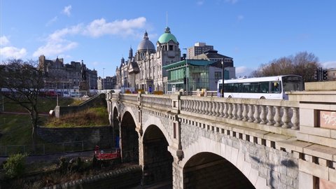 Aberdeen , Aberdeenshire , United Kingdom (UK) - 02 18 2021: His Majesty's Theatre from School Hill showing the bridge over the railway and roadway to the station