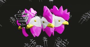 Minimal 3d art. Animated stylish animals head Cock in abstract creative space. Trendy color combination, loop motion, 4k video.
