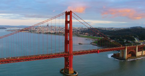Aerial view of the Golden Gate Bridge in San Francisco. USA. Daylight. This bridge connects the San Francisco peninsula to Marin County. Shot in 8K.