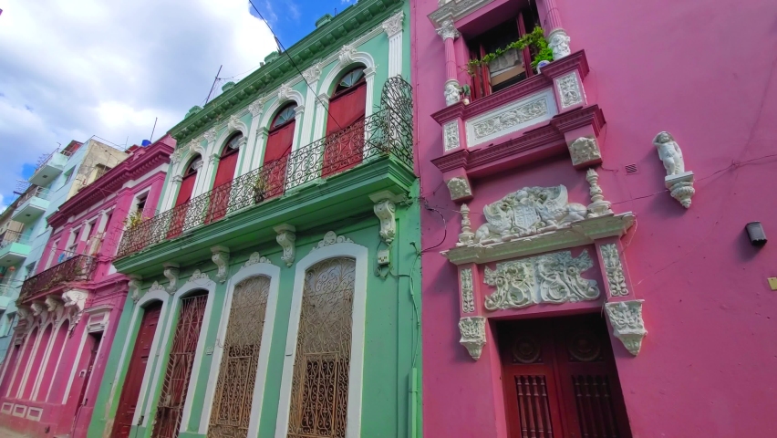 Cuba, Scenic colorful Old Havana streets in historic city center of Havana Vieja. Royalty-Free Stock Footage #1074636785