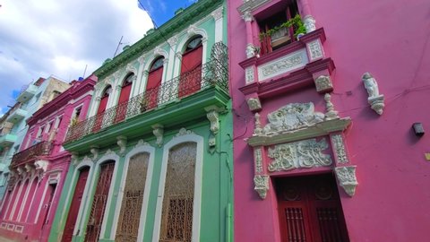 Cuba, Scenic colorful Old Havana streets in historic city center of Havana Vieja.