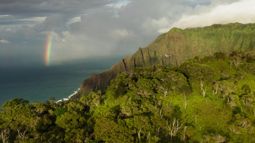 Beautiful Kauai coastline arial with rainbow in cloudy sky at sunset. Drone flying above green jungle forest on Na Pali coast mountains, sunset light shining on vibrant rainbow over green ocean, 4K Royalty-Free Stock Footage #1074638828