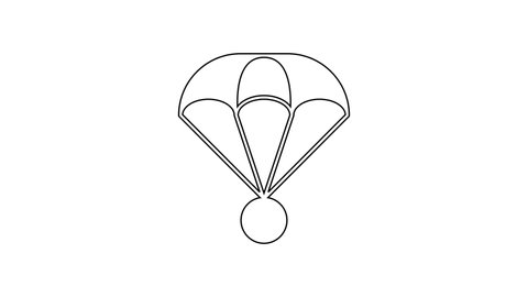 Black line Parachute icon isolated on white background. Extreme sport. Sport equipment. 4K Video motion graphic animation.