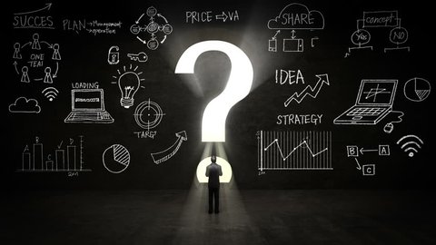 businessman Standing in front of a question mark, Business plan and various graph in black wall concept.