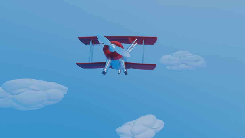 3D stylized model of a toy biplane flying across a blue sky with clouds. animated loop background. 3d render