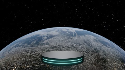 Empty blue cylinder podium floating with earth. Realistic sunrise over earth with night lights from space. Pedestal mockup space for modern and technology. Digital future product design. 4K, 3d render