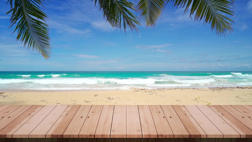Phuket beach sea sand and sky. Scene of wooden terrace pattern on outdoor beach sea Top wood terrace space area on beach in sunny At Karon Beach, Phuket, Thailand. On 20 June 2021. 4K UHD. Video Clip  | Shutterstock HD Video #1074660422