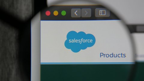 Los Angeles, California, USA - 17 July 2020: Illustrative editorial video. Salesforce website homepage. Dynamic shot of Salesforce logo visible on display screen.