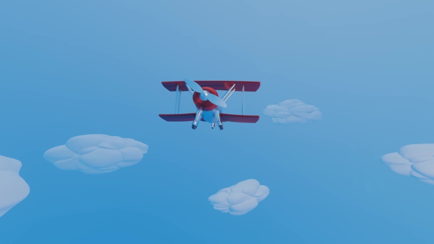 3D stylized model of a toy biplane flying across a blue sky with clouds. animated loop background. 3d render