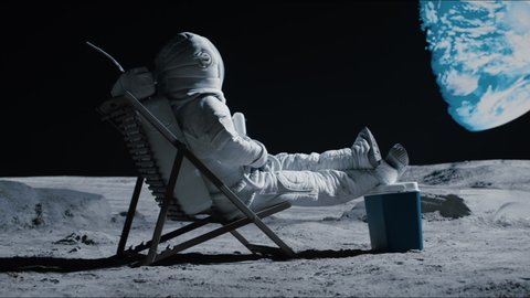 Lunar astronaut walking towards beach chair with refrigerator bag on Moon surface, enjoying view of Earth. Shot with 2x anamorphic lens