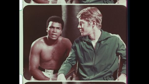 1980s Louisville, KY. Boxer Muhammad Ali in Public Service Announcement for MS or Multiple Sclerosis. 4K Overscan of Vintage 16mm Film from Archival Television Commercial Advertisement