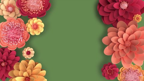 Animated colorful floral background. Frame of blooming red and yellow flowers, copy space in the center of composition. Blank space for text, 3d render