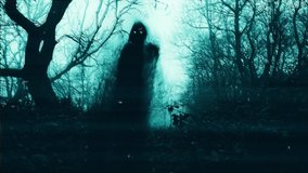 A horror concept of a hooded entity with glowing eyes. In a spooky forest on a misty day in winter. With a blurred, glitch edit. - Powered by Shutterstock - Get 15% off with code: PIKWIZARD15
