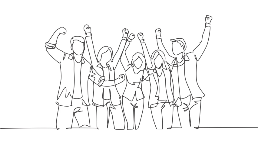 Self drawing animation of one single line draw CEO and his colleagues celebrating their success achieving the company business target. Team work concept continuous line draw. Full length animated. Royalty-Free Stock Footage #1074671249