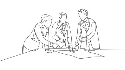 Animated self drawing of single continuous line draw young workers talking seriously about company policy around the table. Office employee life discussion concept. Full length one line animation.