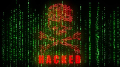High tech motion graphic, with animated binary code theme, with red high tech hacker style skull and crossbones motif and flashing Hacked text, with matrix style binary code rain code flowing upwards