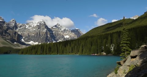 Scenic View Of Moraine Lake In Banff National Park, Alberta, Canada - panning shot