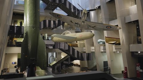 London , United Kingdom (UK) - 12 12 2020: The atrium of Imperial War Museum (IWM) with airplane exhibition