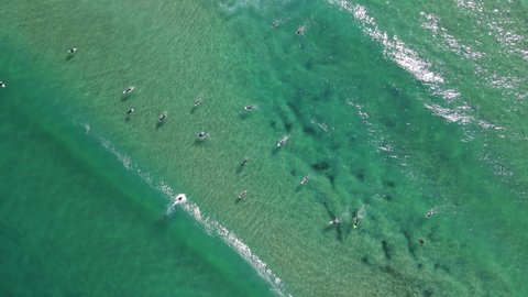 Aerial View Of Surfers Enjoyed Riding Perfect Waves At Bondi Beach - Surf Spot At Bondi, NSW, Australia.