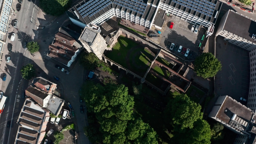 Descending crane drone shot of temple church ruins bristol