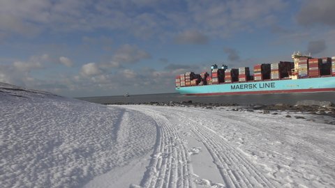 Rotterdam , Netherlands - 02 10 2021: Container Ship Of Maersk Line Sailing Inbound To Port Of Rotterdam