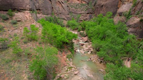 Aerial 4K footage of The Narrows in Zion National Park, Utah, USA.