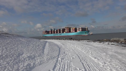 Rotterdam , Netherlands - 02 10 2021: Marstal Maersk Container Ship Loaded With Cargo Containers Entering Port Of Rotterdam