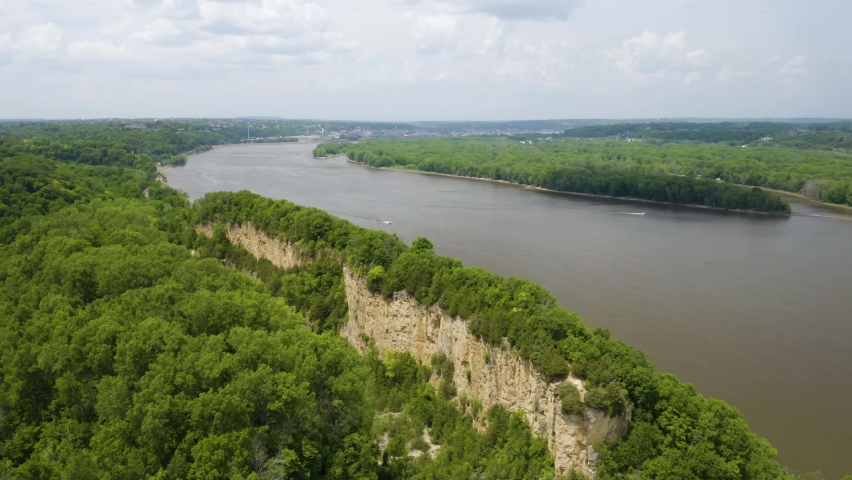 Aerial View of Horseshoe Bluff Trail with Boat on Mississippi River near Dubuque, Iowa