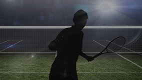 Neon good vibes text over silhouette of male tennis player holding a racket against tennis court. sports competition and tournament concept - Powered by Shutterstock - Get 15% off with code: PIKWIZARD15