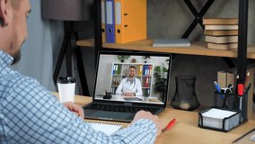 Smiling patient at home tells communicates with distance doctor remote online video conference call webcam chat laptop. Positive man medical worker specialist in computer screen listen consults client