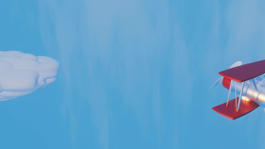 3D stylized model of a toy biplane flying across a blue sky with clouds. animated loop background. 3d render