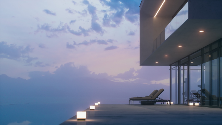 Modern Luxury House With Pool At Dawn Royalty-Free Stock Footage #1074692486