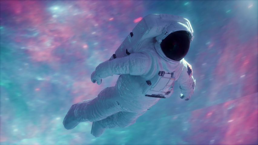 Astronaut in space vortex tunnel loop 3d animation. Neon space retrowave background. Space suit flying in through starfield Royalty-Free Stock Footage #1074693464