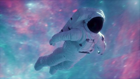 Astronaut in space vortex tunnel loop 3d animation. Neon space retrowave background. Space suit flying in through starfield