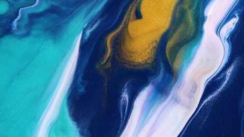 Fluid art drawing video, modern acryl texture with flowing effect. Liquid paint mixing artwork with splash and swirl. Detailed background motion with navy blue, turquoise and white overflowing colors.