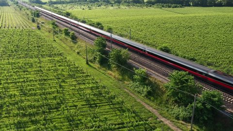 Flying over a train in motion. Traffic red train aerial view. The movement of a red train at high speed between the vineyards, top view. 