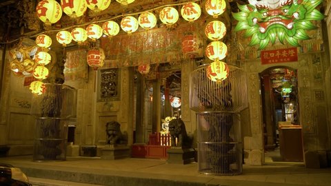 CS MS Entrance of Bangka Qingshan Temple with Chinese lanterns, Taipei, Taiwan - March, 11, 2018