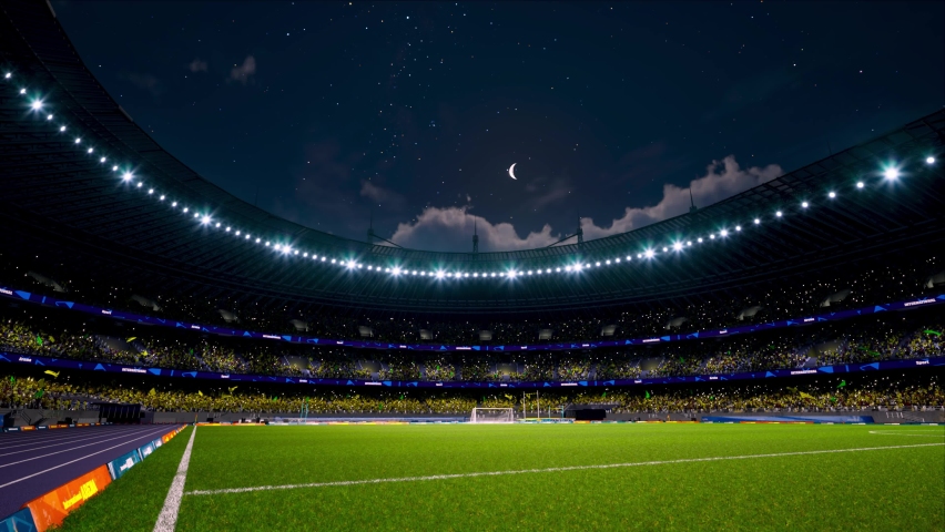 Fireworks in soccer stadium with crowd fans and waving flags. Celebrating wins or open and close championship  Royalty-Free Stock Footage #1074709751