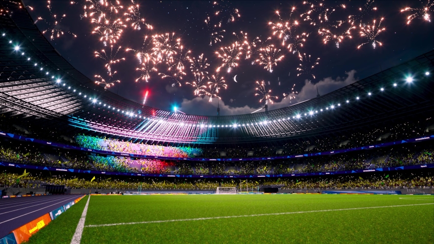 Fireworks in soccer stadium with crowd fans and waving flags. Celebrating wins or open and close championship 